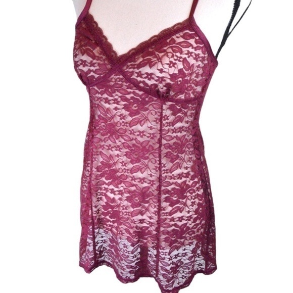 Burgundy Sheer Romantic Floral Lace Negligee Chemise Slip Size Small Babydoll - Picture 1 of 10